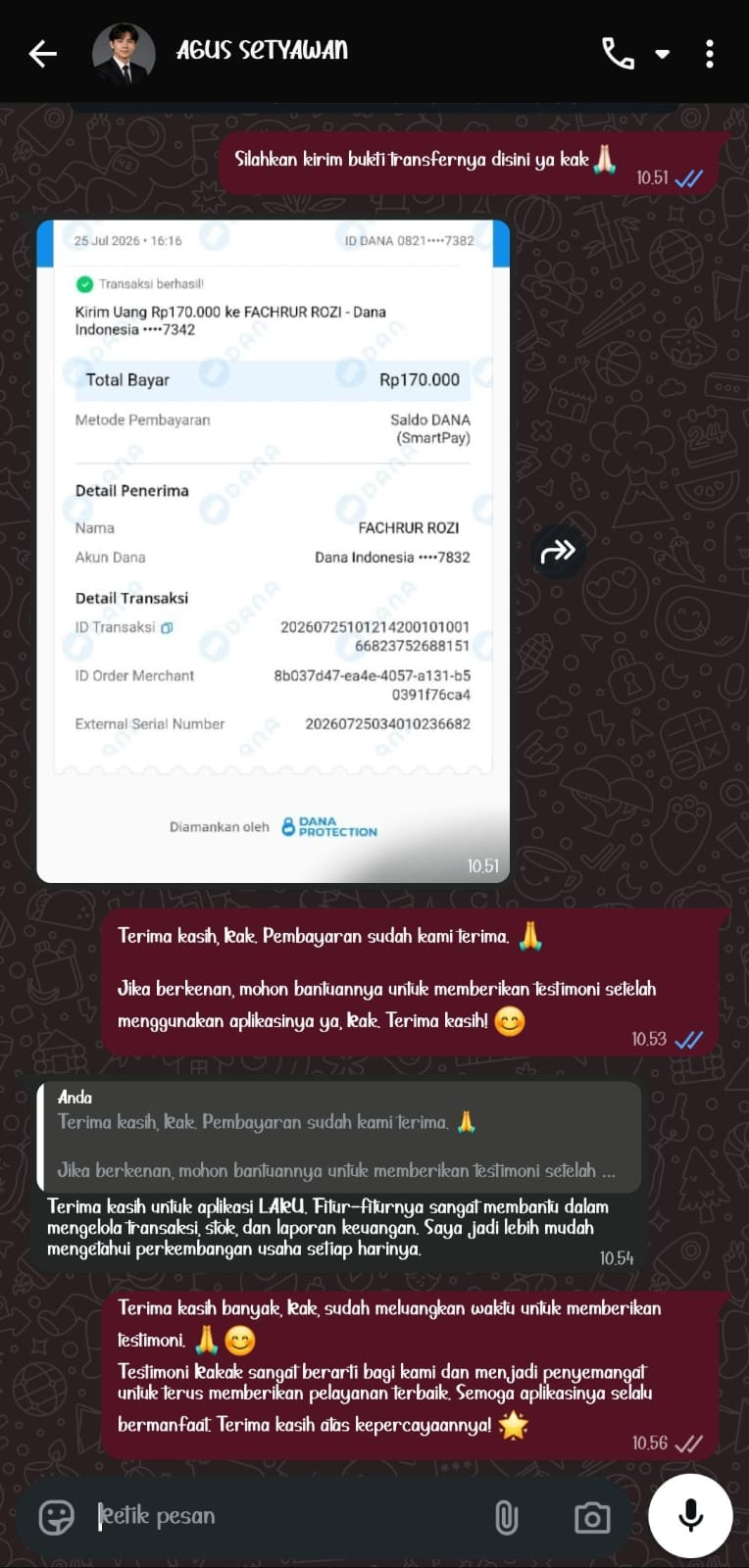 Bukti Chat & Transfer Agus Setyawan